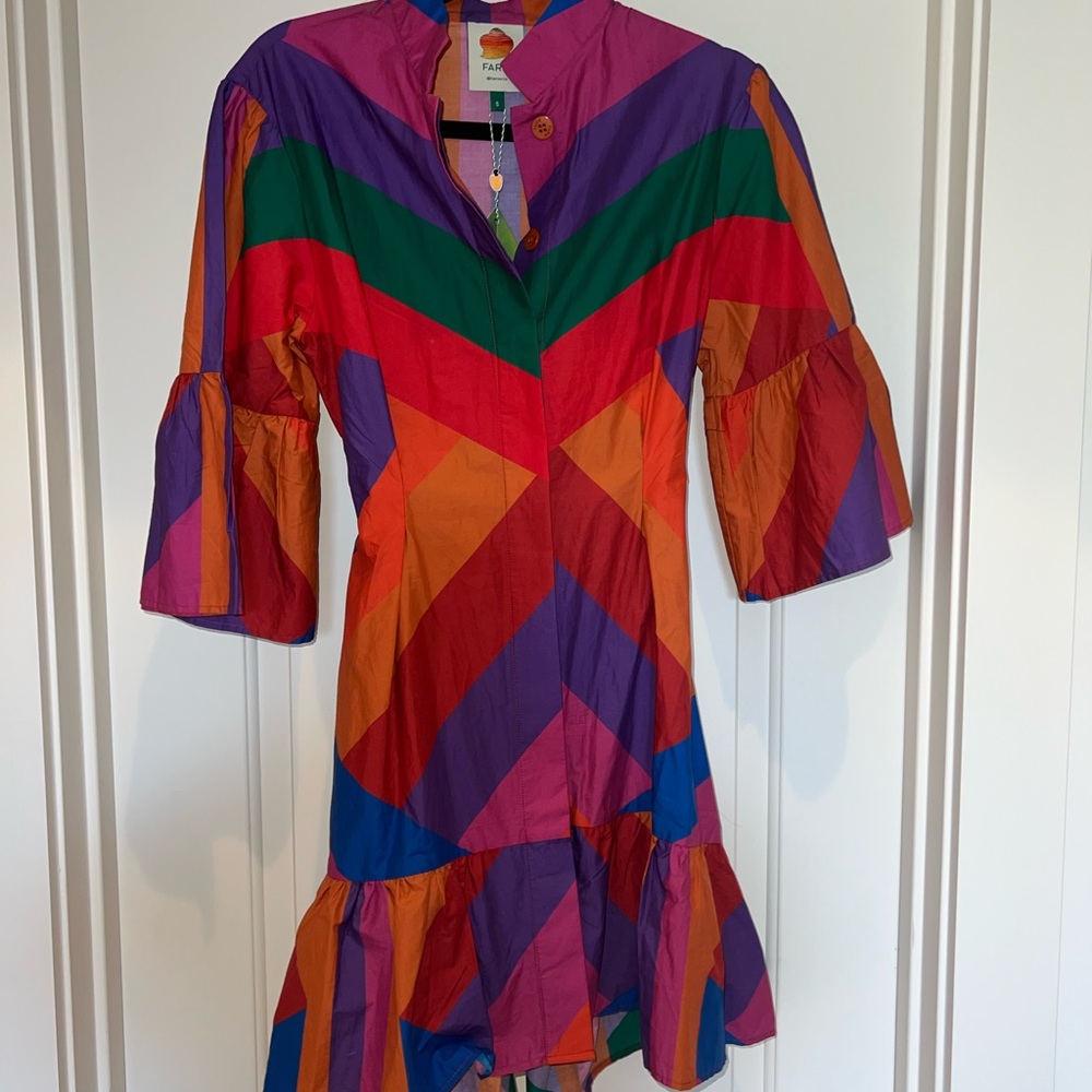 Farm Rio Amanda Mini Shirt Dress, Ruffles Belted, NWT size small - Picture 3 of 4